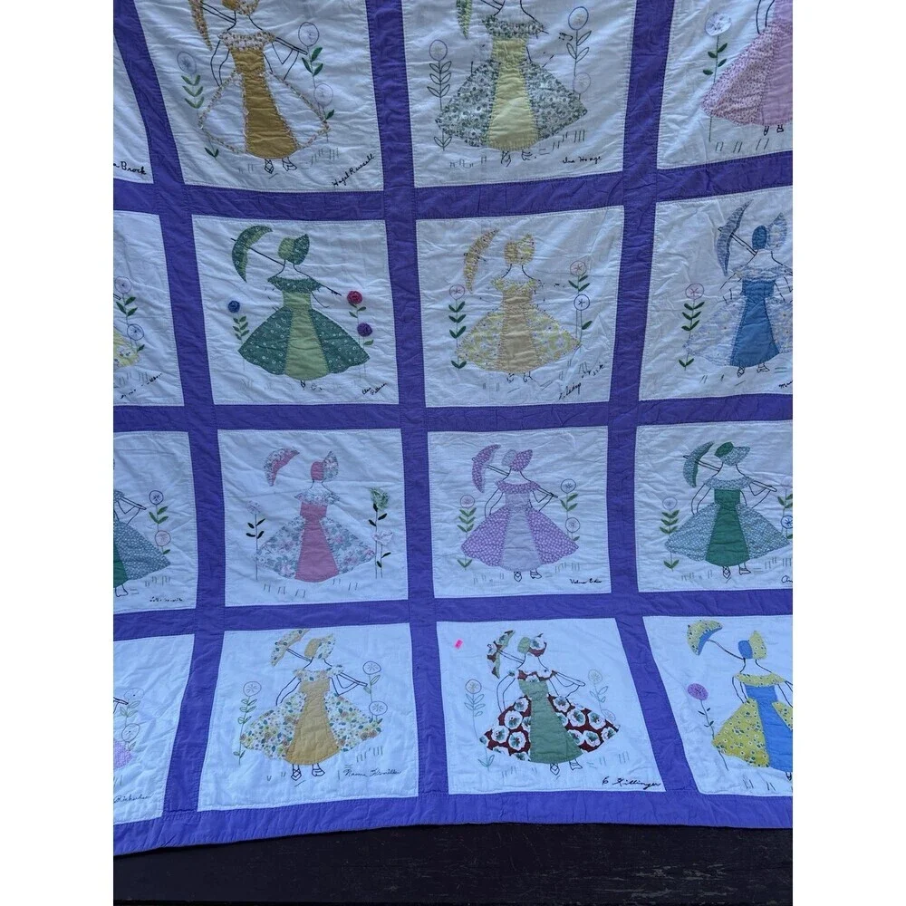 Vintage Handmade embroidered friendship quilt with Sun Bonnet Girls. 77” X 95”